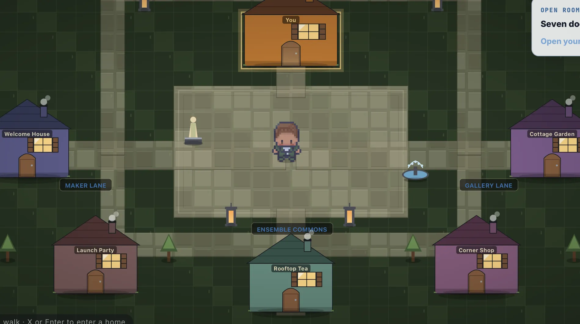 Top-down view of the Ensemble walkable plaza &mdash; every Cadenza is a door on this map. Visitors move as sprites and step through your door.