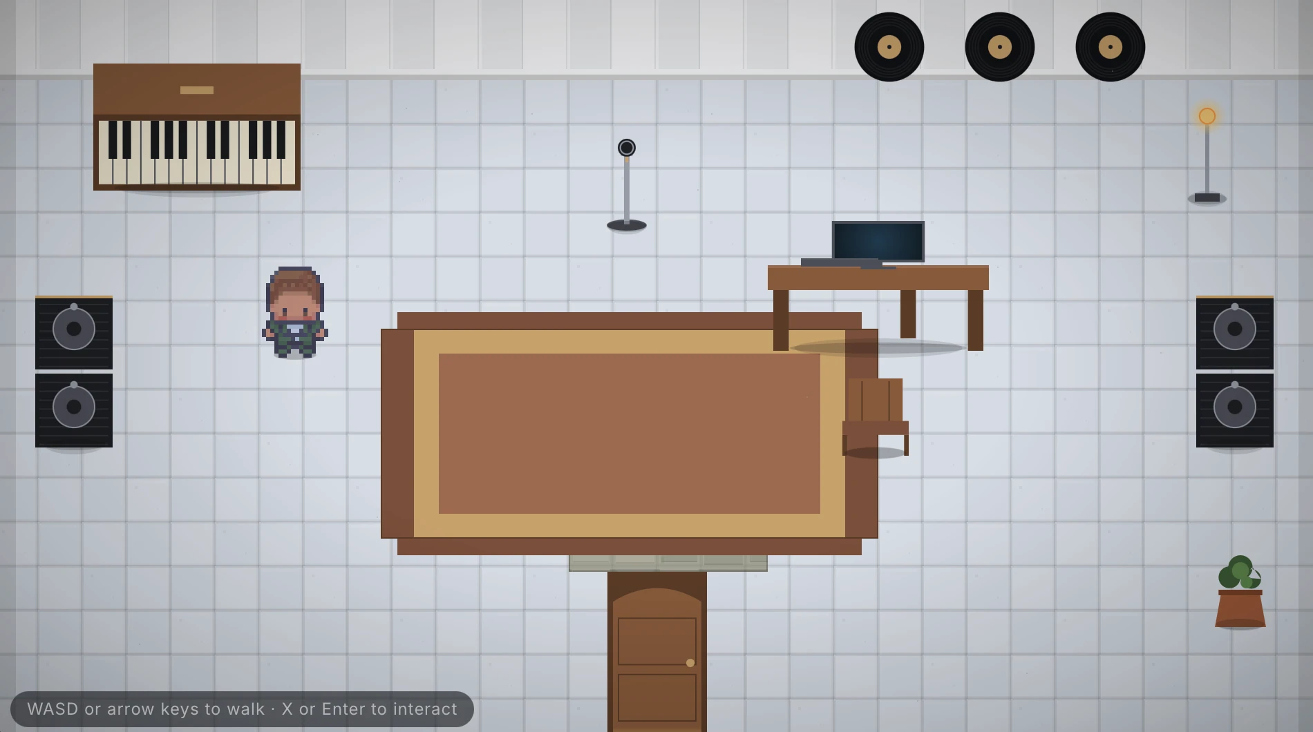 A walkable music-lab canvas &mdash; piano, vinyl records, mixing console, and speaker stack in a pixel room. Your Cadenza is the door visitors walk into.